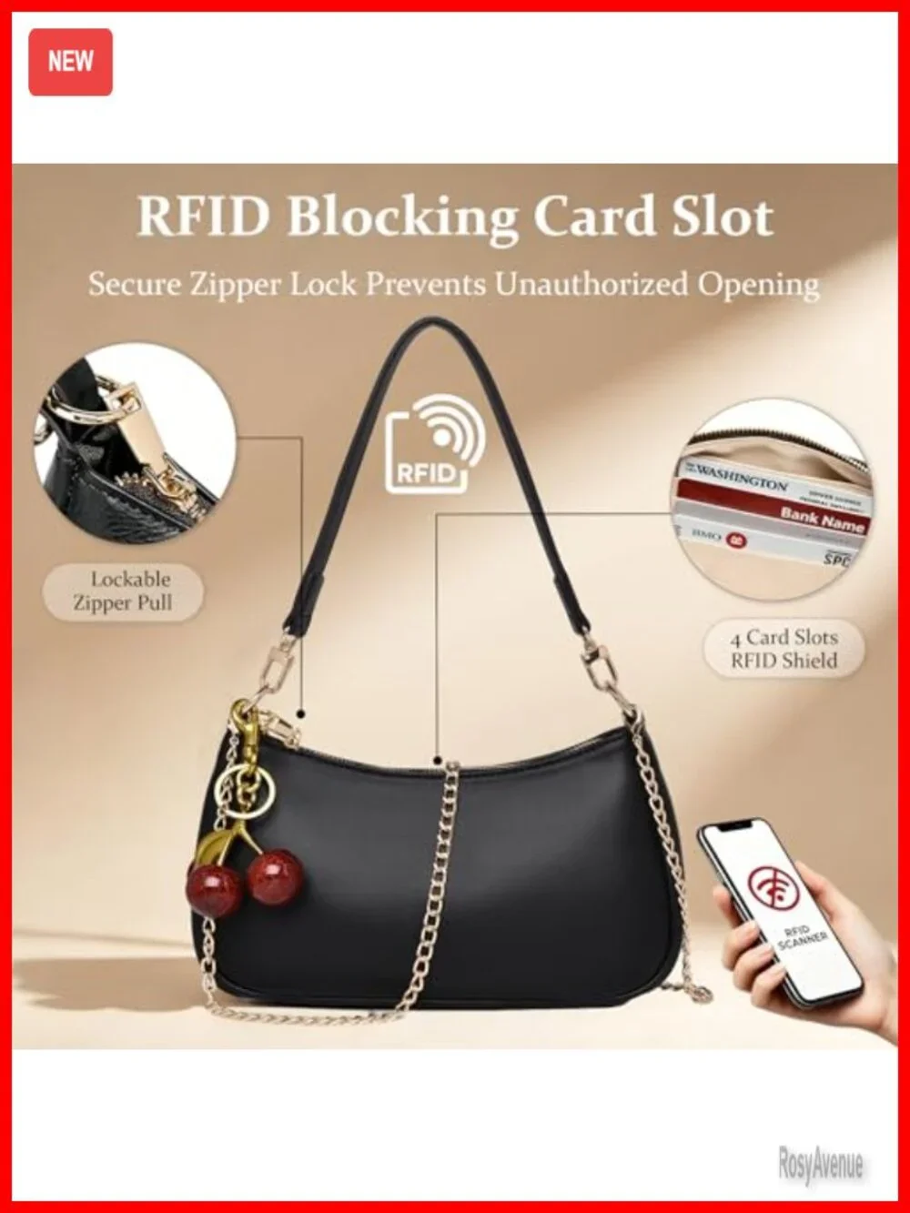 Faux Leather Cherry Clutch Purse with Keychain Chain Strap Hobo Shoulder Bag